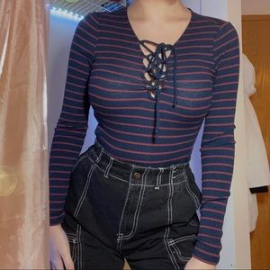 Navy Blue Striped V-Neck Long Sleeve Forever21